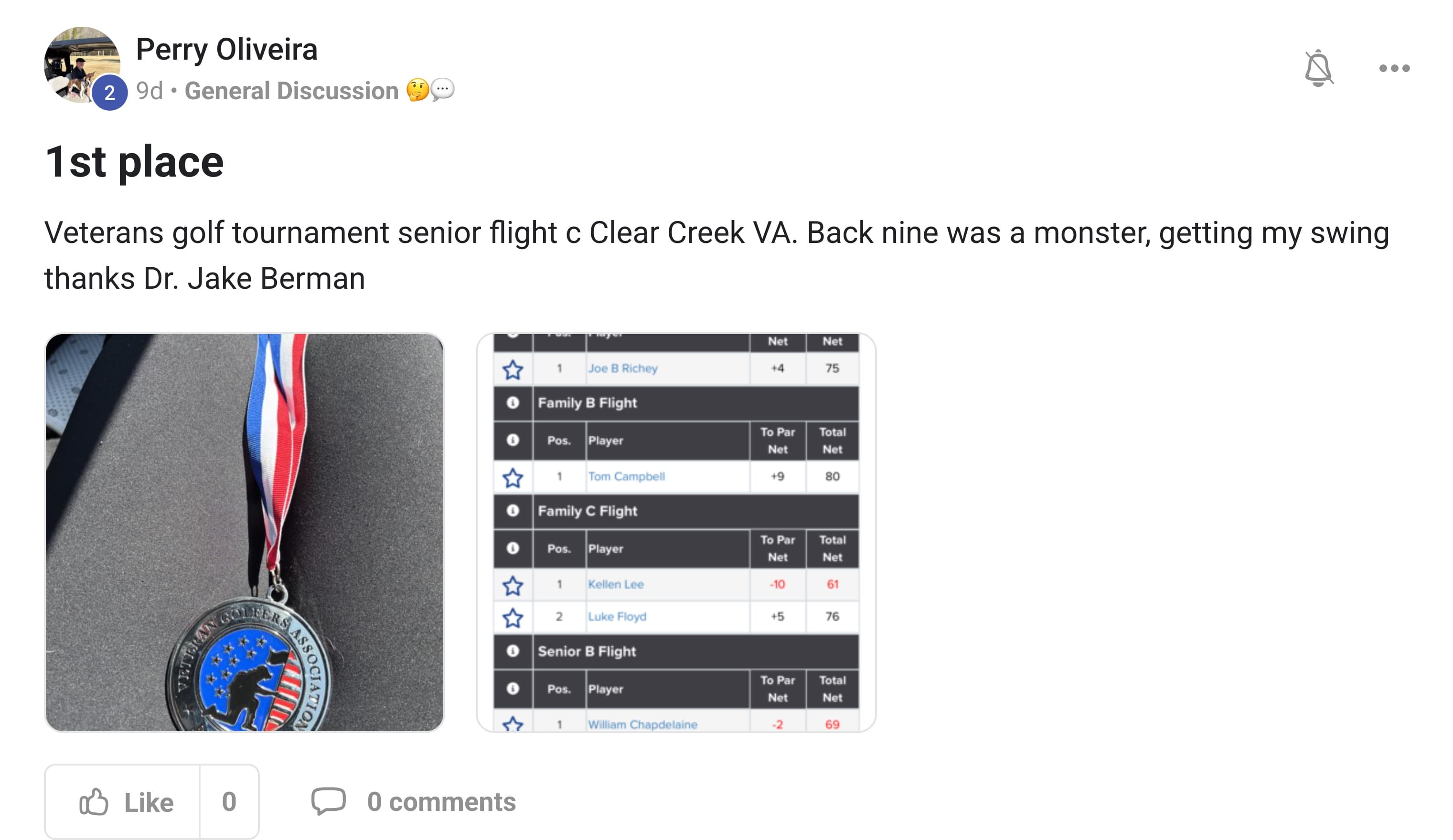 Screenshot of Perry Oliveira's Skool community post titled '1st place' showing his Veteran Golfers Association medal and tournament leaderboard, with caption thanking Dr. Jake Berman.